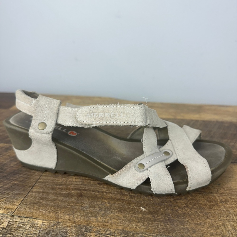 Merrell Simple Taupe Suede Wedge Sandals Womens 8 J21998 Air Cushion Strappy